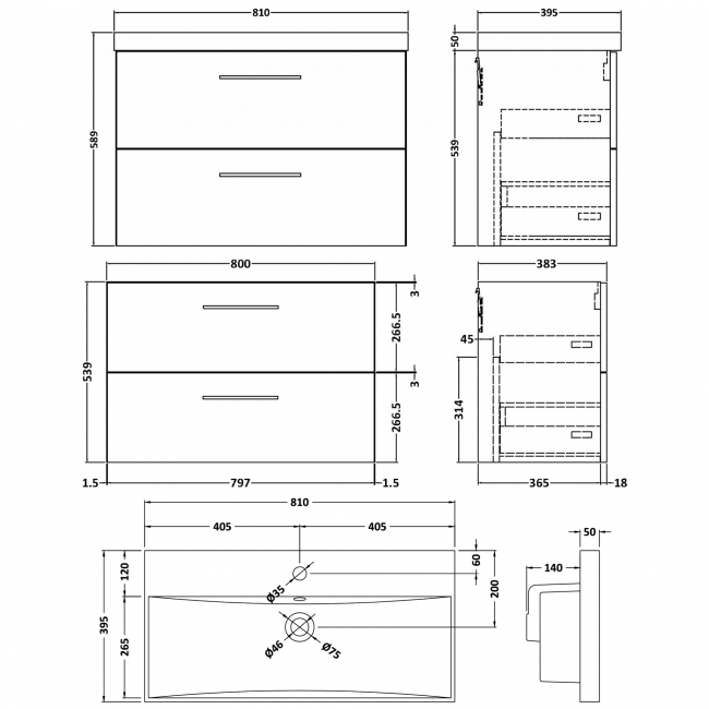 Nuie Arno Wall Hung 2-Drawer Vanity Unit with Basin-3 800mm Wide - Solace Oak Woodgrain