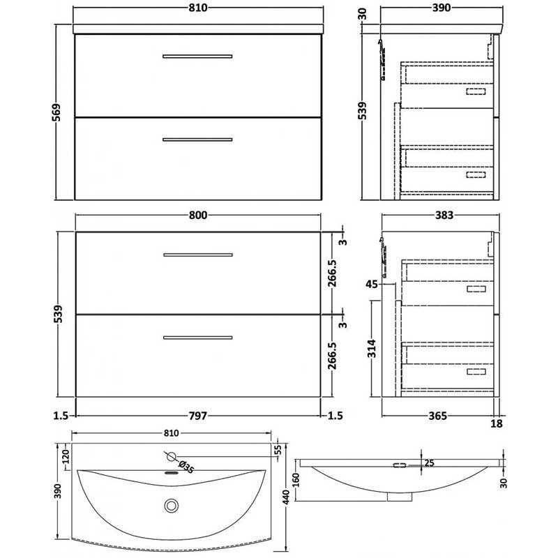 Nuie Arno Wall Hung 2-Drawer Vanity Unit with Basin-4 800mm Wide - Solace Oak Woodgrain