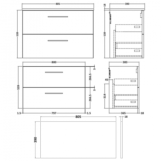 Nuie Arno Wall Hung 2-Drawer Vanity Unit with Worktop 800mm Wide - Anthracite Woodgrain
