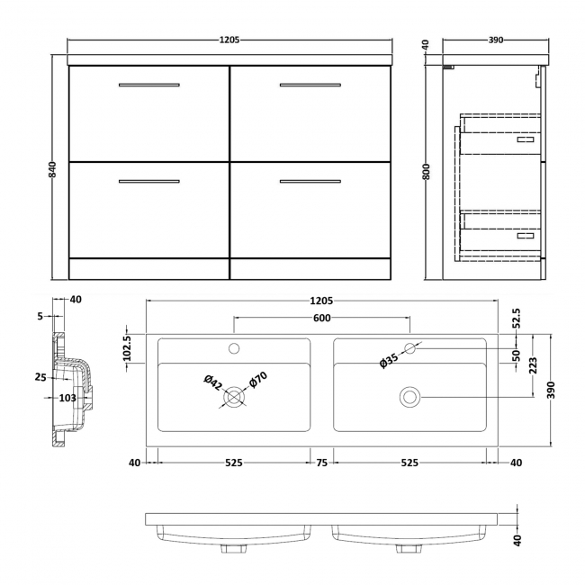 Nuie Arno Floor Standing 4-Drawer Vanity Unit with Double Polymarble Basin 1200mm Wide - Satin Anthracite