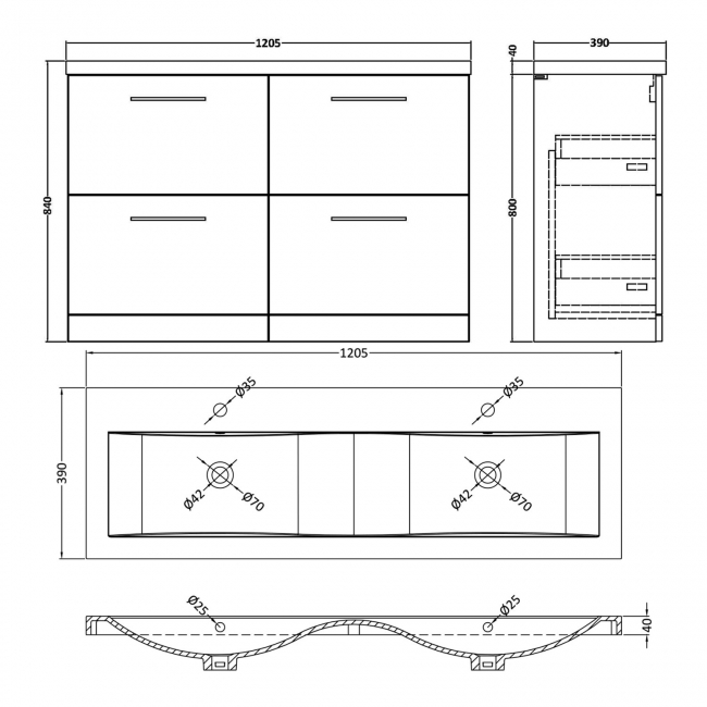 Nuie Arno Floor Standing 4-Drawer Vanity Unit with Double Ceramic Basin 1200mm Wide - Satin Anthracite