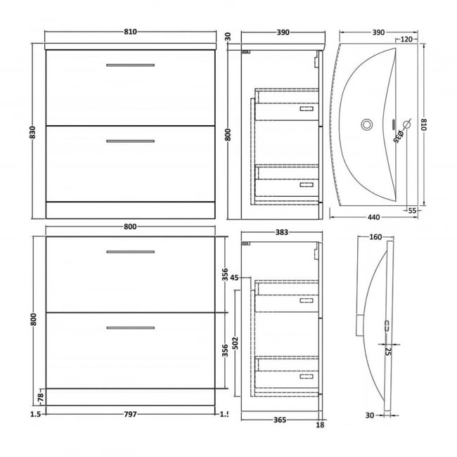 Nuie Arno Floor Standing 2-Drawer Vanity Unit with Basin-4 800mm Wide - Satin Grey