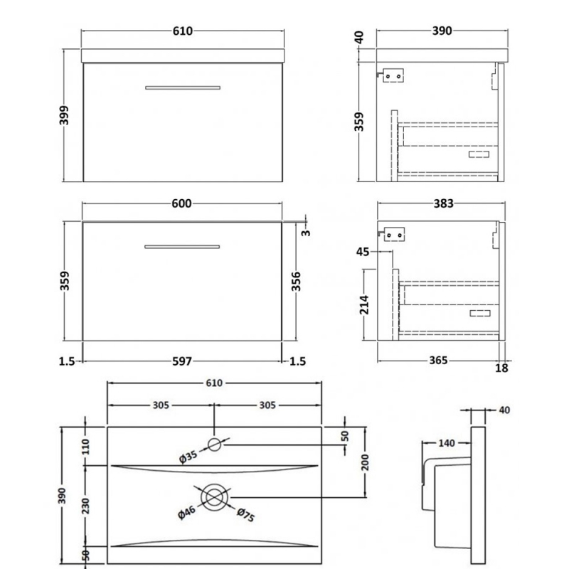 Nuie Arno Wall Hung 1-Drawer Vanity Unit with Basin-1 600mm Wide - Black Woodgrain