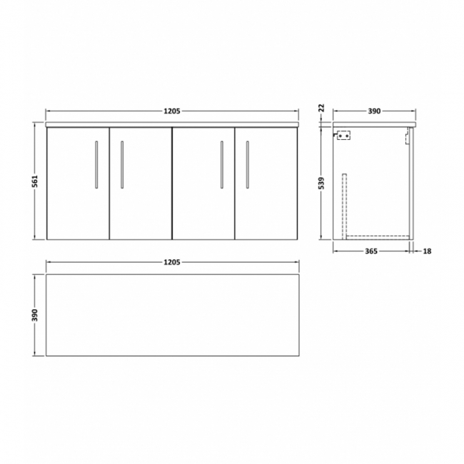 Nuie Arno Wall Hung 4-Door Vanity Unit with Bellato Grey Worktop 1200mm Wide - Charcoal Black Woodgrain  | Dimension Image