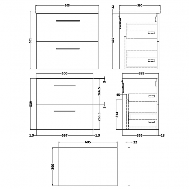 Nuie Arno Wall Hung 2-Drawer Vanity Unit with Carrera Marble Worktop 600mm Wide - Satin Anthracite  | Dimension Image