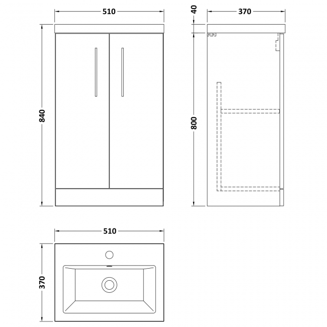 Nuie Arno Compact Floor Standing 2-Door Vanity Unit with Ceramic Basin 500mm Wide - Charcoal Black Woodgrain