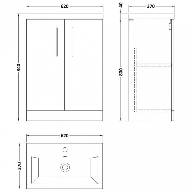 Nuie Arno Compact Floor Standing 2-Door Vanity Unit with Ceramic Basin 600mm Wide - Anthracite Woodgrain
