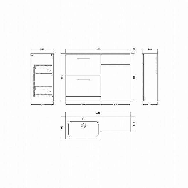 Arno Woodgrain 1100mm 2-Drawer Combination Vanity Basin and Toilet Unit  | Dimension Image