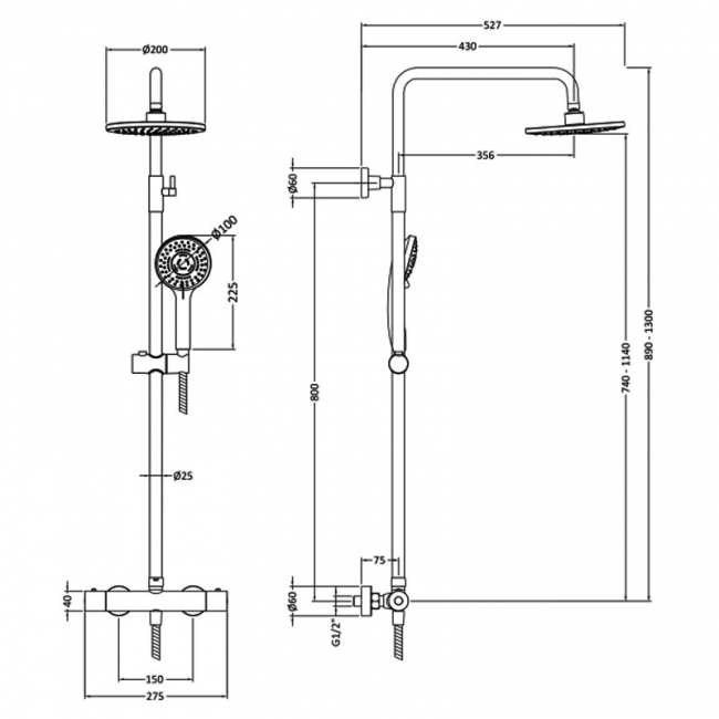 Nuie Arvan Round Thermostatic Bar Mixer Shower with Shower Kit and Fixed Head - Brushed Pewter