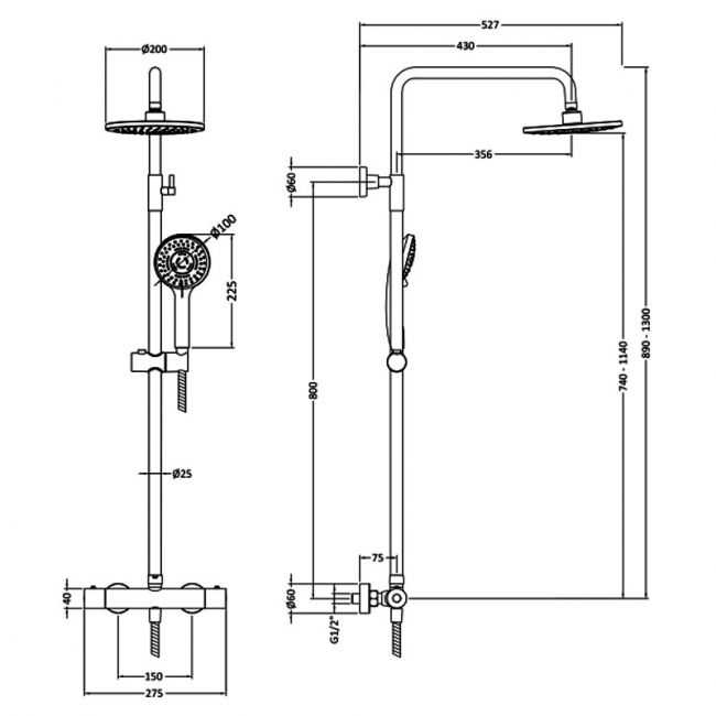 Nuie Arvan Round Thermostatic Bar Mixer Shower with Shower Kit and Fixed Head - Brushed Brass