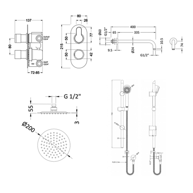 Nuie Arvan Thermostatic Twin Concealed Complete Mixer Shower with Diverter - Chrome  | Dimension Image