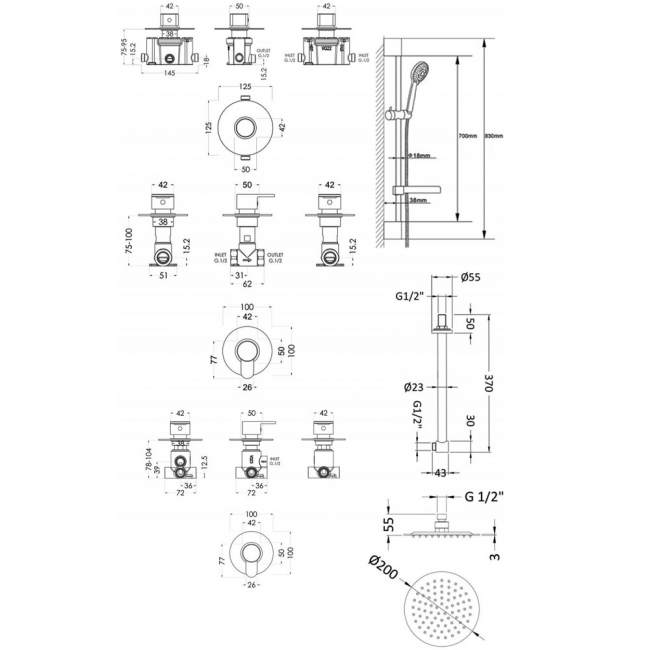 Nuie Arvan Thermostatic Concealed Mixer Shower with Shower Kit + Fixed Head Stop Tap and Diverter