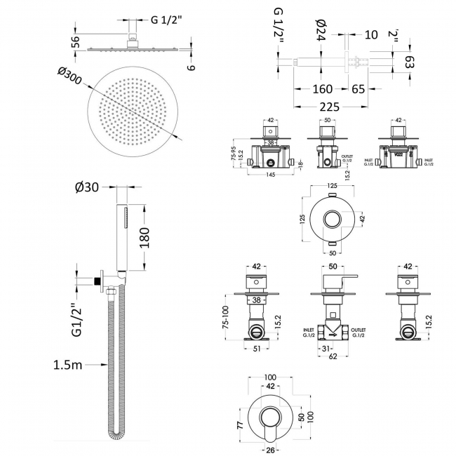 Nuie Arvan Thermostatic Concealed Mixer Shower with Shower Handset + Fixed Head and Stop Taps