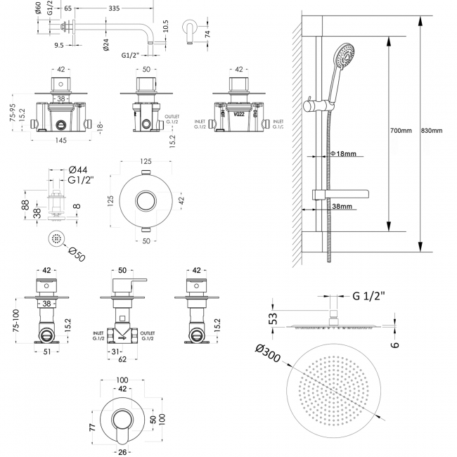 Nuie Arvan Thermostatic Concealed Mixer Shower with Shower Kit + Fixed Head Stop Tap and Body Jet