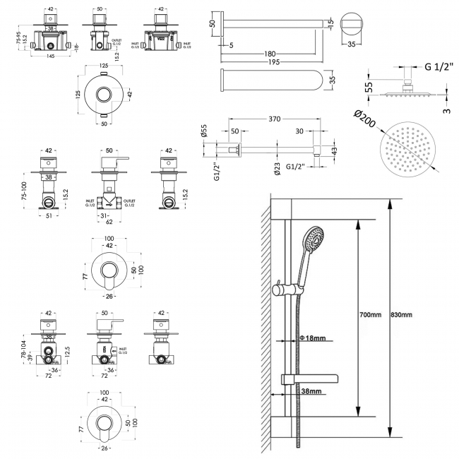 Nuie Arvan Thermostatic Concealed Mixer Shower with Shower Kit + Fixed Head Stop Tap and Bath Spout