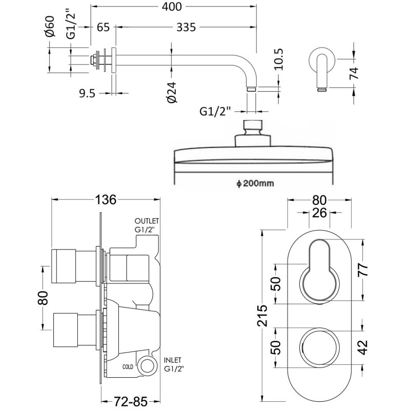 Nuie Arvan Twin Round Thermostatic Concealed Shower Valve with Fixed Head and Arm - Chrome