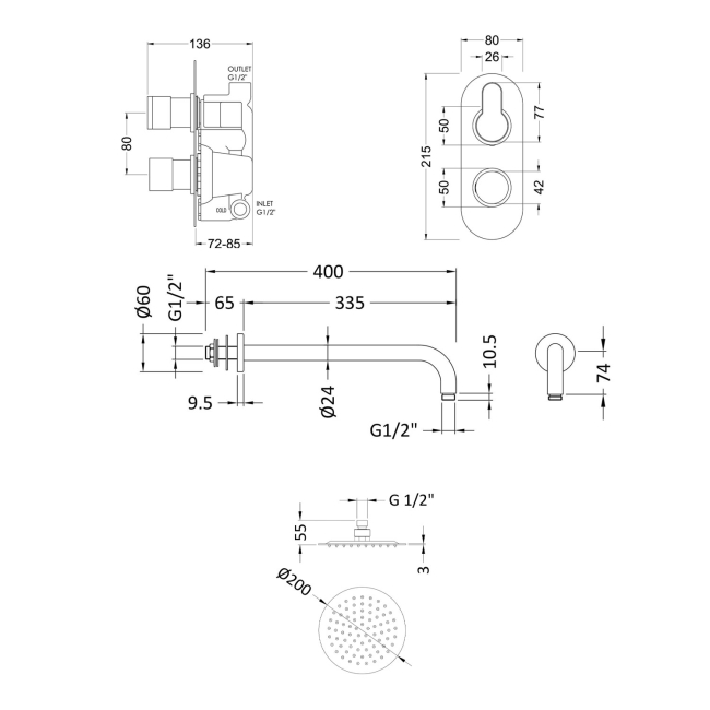 Nuie Arvan Thermostatic Twin Round Concealed Shower Valve with Fixed Head and Arm - Brushed Brass  | Dimension Image