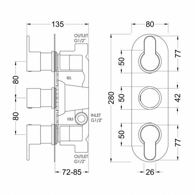 Nuie Arvan Thermostatic Concealed Shower Valve Triple Handle - Brushed Bronze