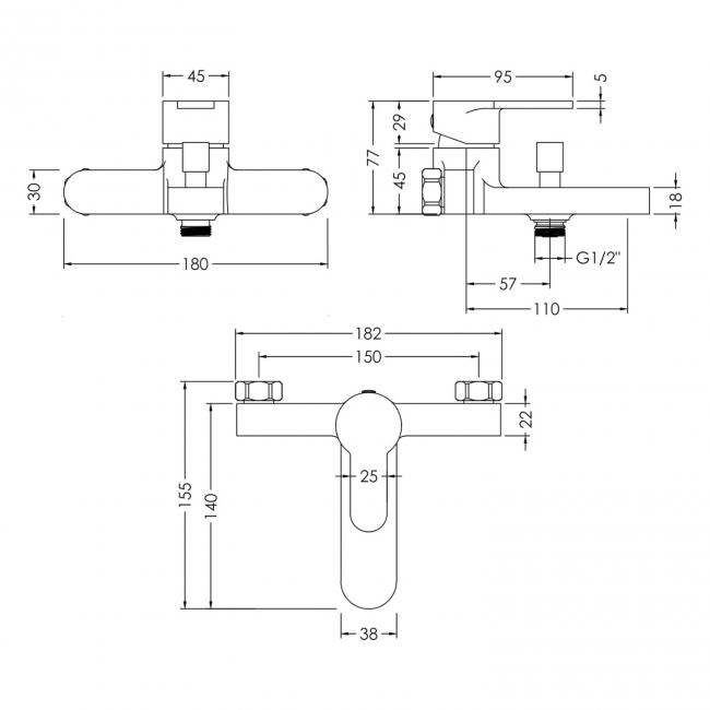Nuie Arvan Wall Mounted Bath Shower Mixer Tap with Shower Kit - Chrome