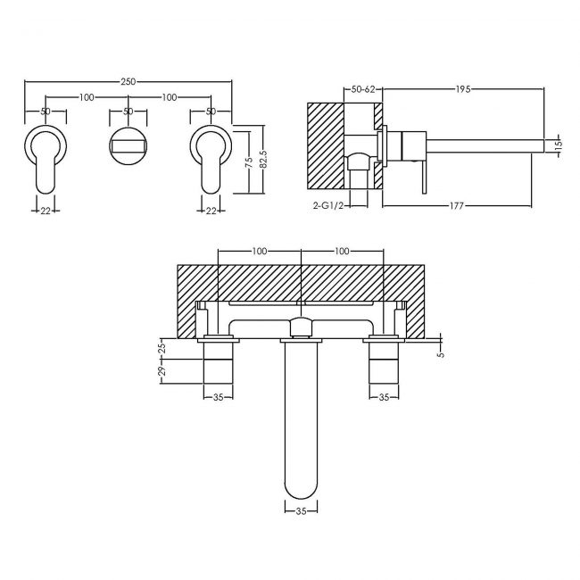 Nuie Arvan 3-Hole Wall Mounted Basin Mixer Tap without Plate - Chrome