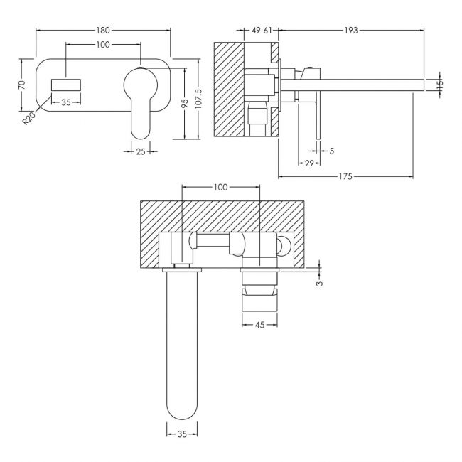 Nuie Arvan 2-Hole Wall Mounted Basin Mixer Tap with Plate - Matt Black