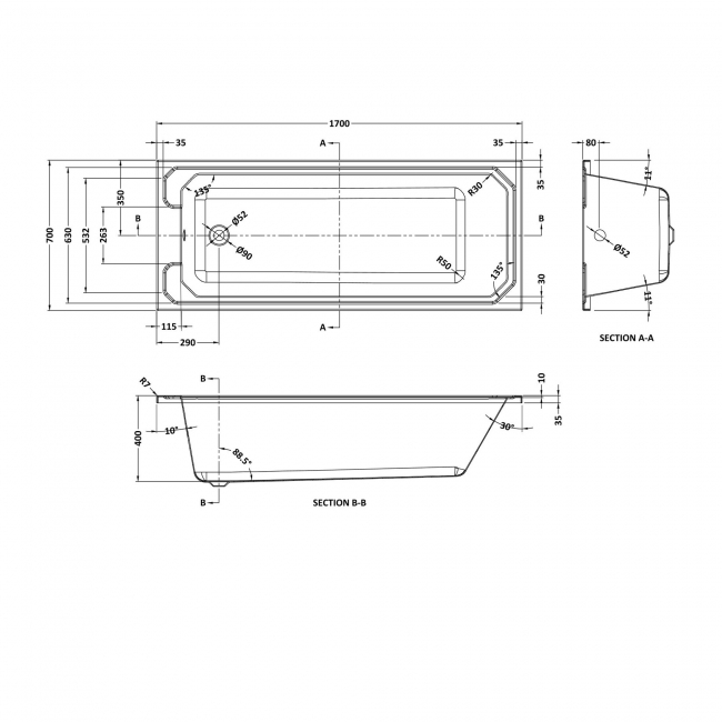 Nuie Ascott Single Ended Rectangular Bath 1700mm x 700mm - Acrylic