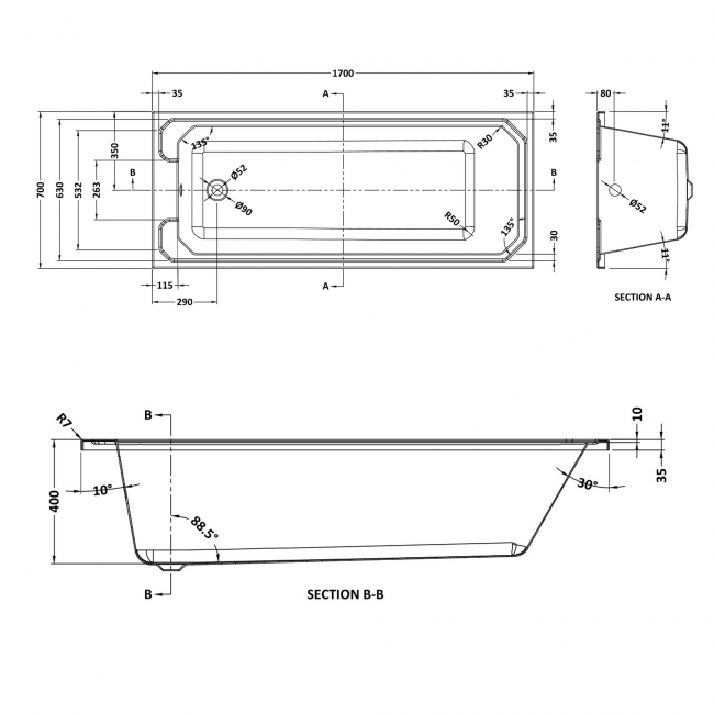 Nuie Ascott Single Ended Rectangular Bath 1700mm x 700mm - Acrylic