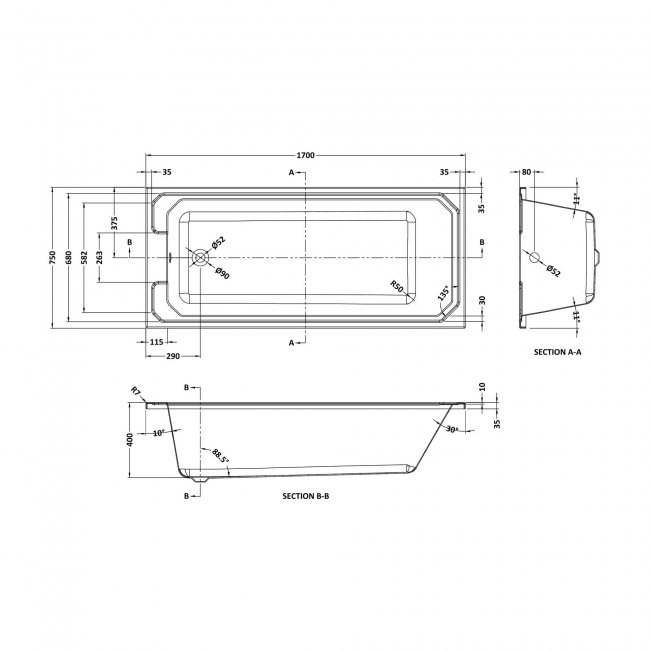 Nuie Ascott Single Ended Rectangular Bath 1700mm x 750mm - Acrylic