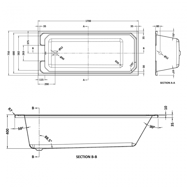 Nuie Ascott Single Ended Rectangular Bath 1700mm x 750mm - Acrylic