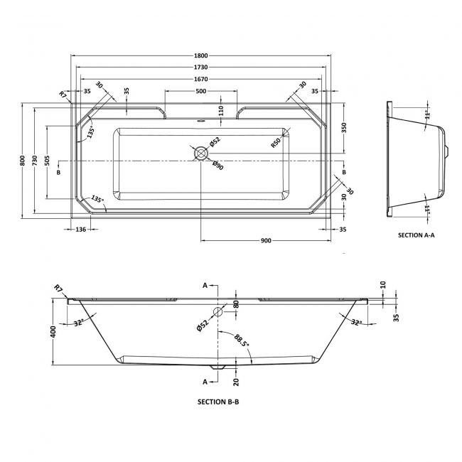 Nuie Ascott Double Ended Rectangular Bath 1800mm x 800mm - Acrylic