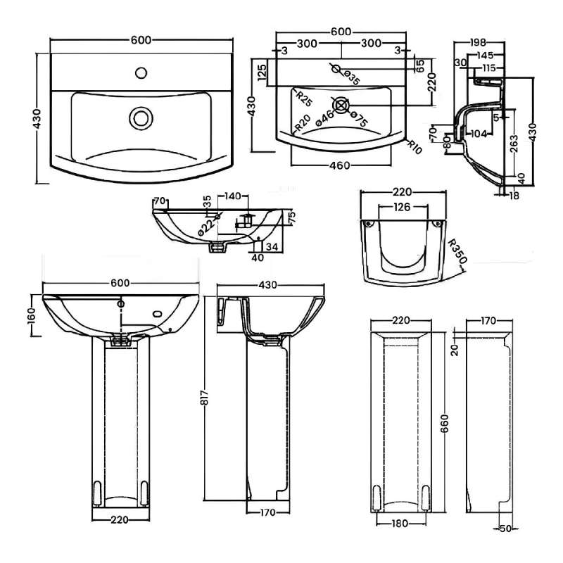 Nuie Asselby Medium Basin and Full Pedestal 600mm Wide - 1 Tap Hole