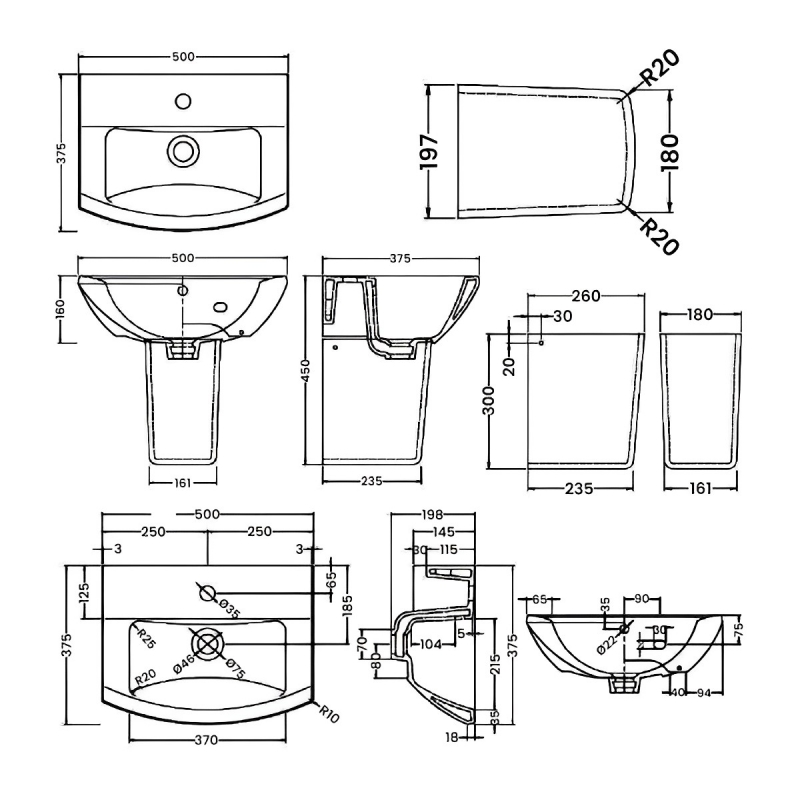 Nuie Asselby Basin and Semi Pedestal 500mm Wide - 1 Tap Hole