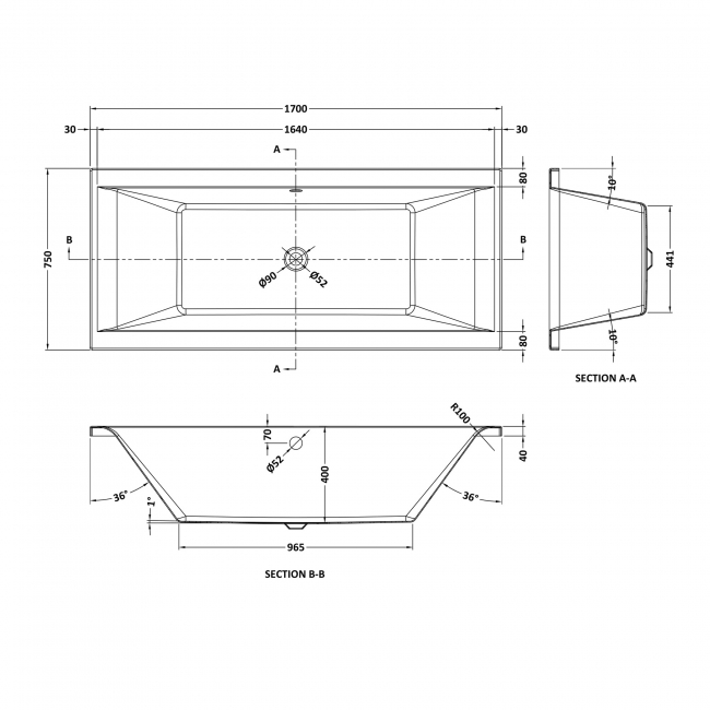 Nuie Asselby Double Ended Rectangular Bath 1700mm x 750mm - Acrylic