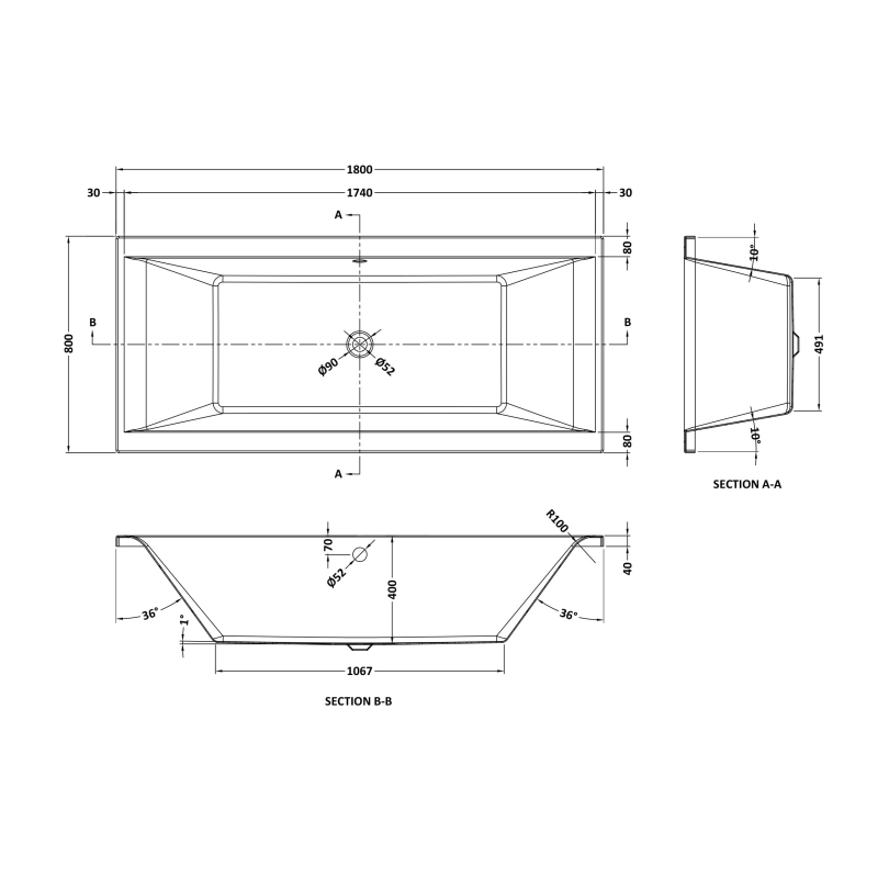 Nuie Asselby Double Ended Rectangular Bath 1800mm x 800mm - Acrylic