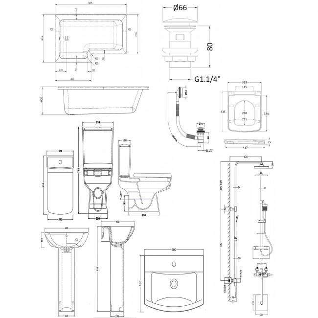 Bliss Complete Bathroom Suite with 1700mm x 850mm LH L-Shaped Shower Bath