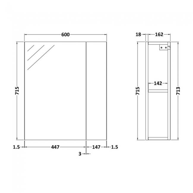 Nuie Athena Mirrored Cabinet (75/25) 600mm Wide - Gloss Grey
