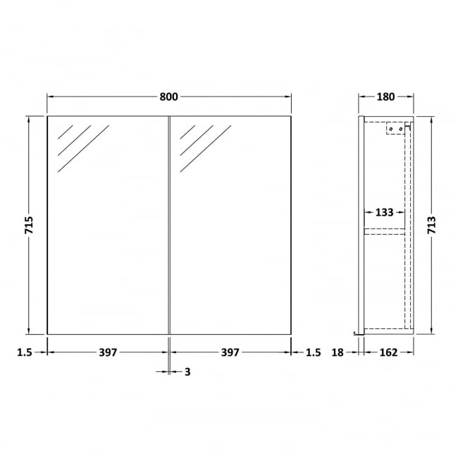 Nuie Athena Mirrored Cabinet (50/50) 800mm Wide - Gloss White