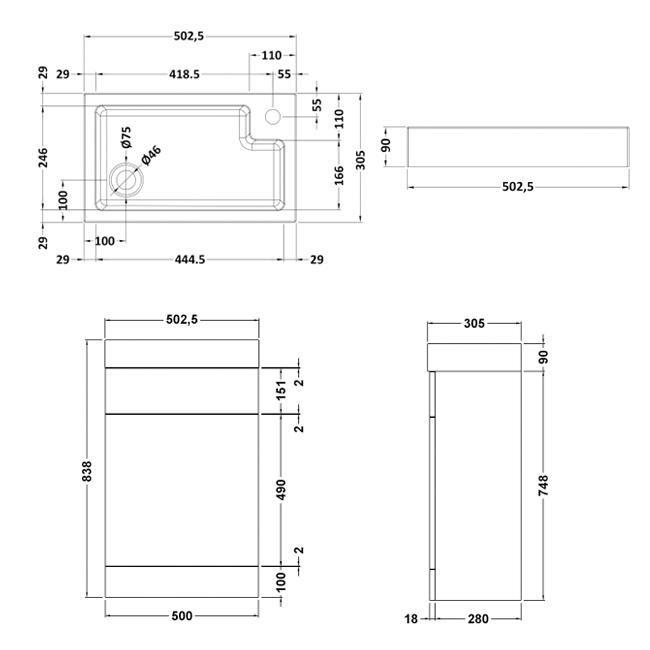 Nuie Athena Slimline Basin and WC Toilet Combination Unit 500mm Wide - Gloss White