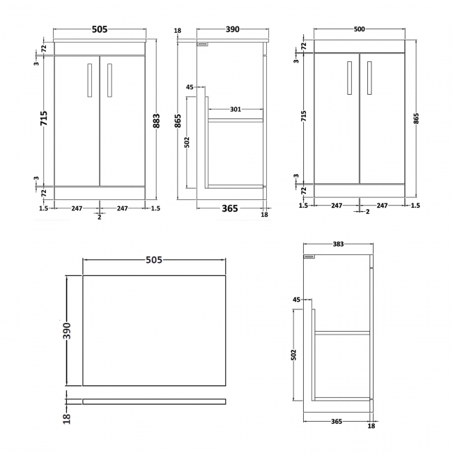 Nuie Athena Floor Standing 2-Door Vanity Unit and Worktop 500mm Wide - Gloss White