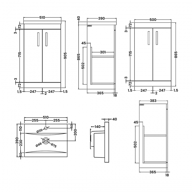 Nuie Athena Floor Standing 2-Door Vanity Unit with Basin-1 500mm Wide - Gloss Grey