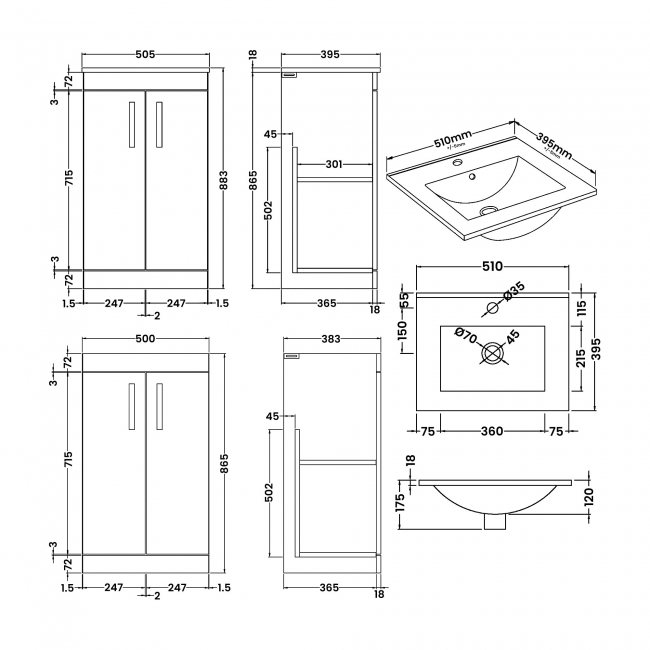 Nuie Athena Floor Standing 2-Door Vanity Unit with Basin-2 500mm Wide - Charcoal Black
