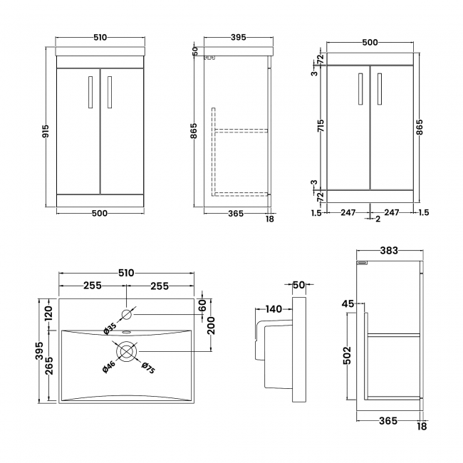 Nuie Athena Floor Standing 2-Door Vanity Unit with Basin-3 500mm Wide - Gloss Grey