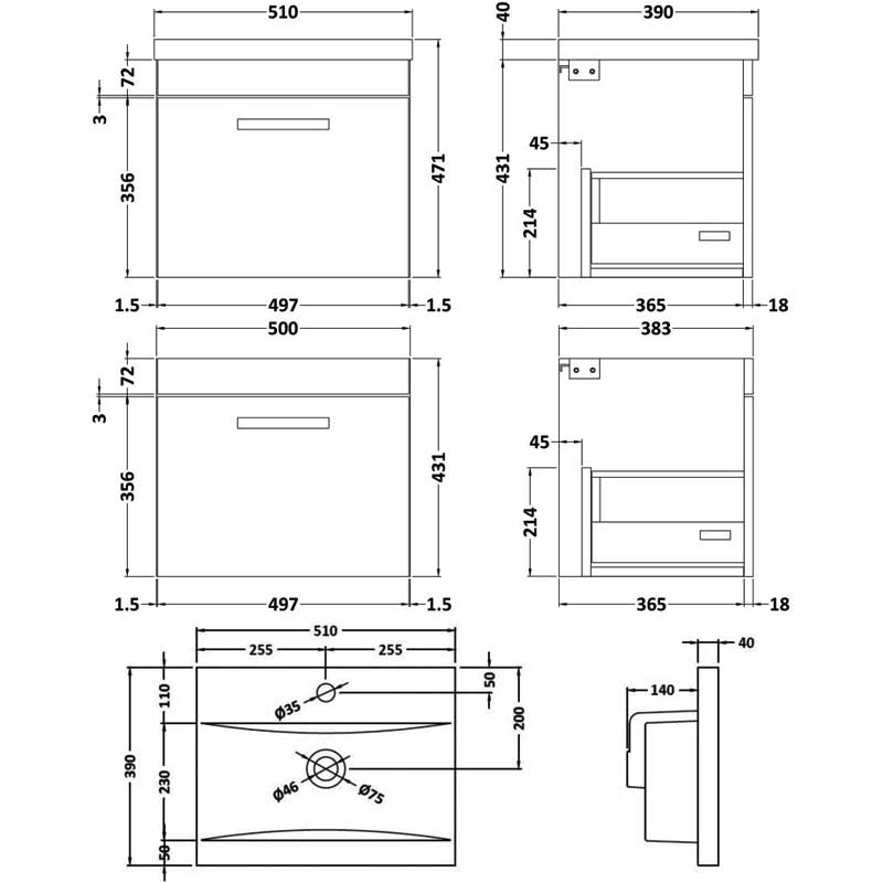 Nuie Athena Wall Hung 1-Drawer Vanity Unit with Basin-1 500mm Wide - Gloss White
