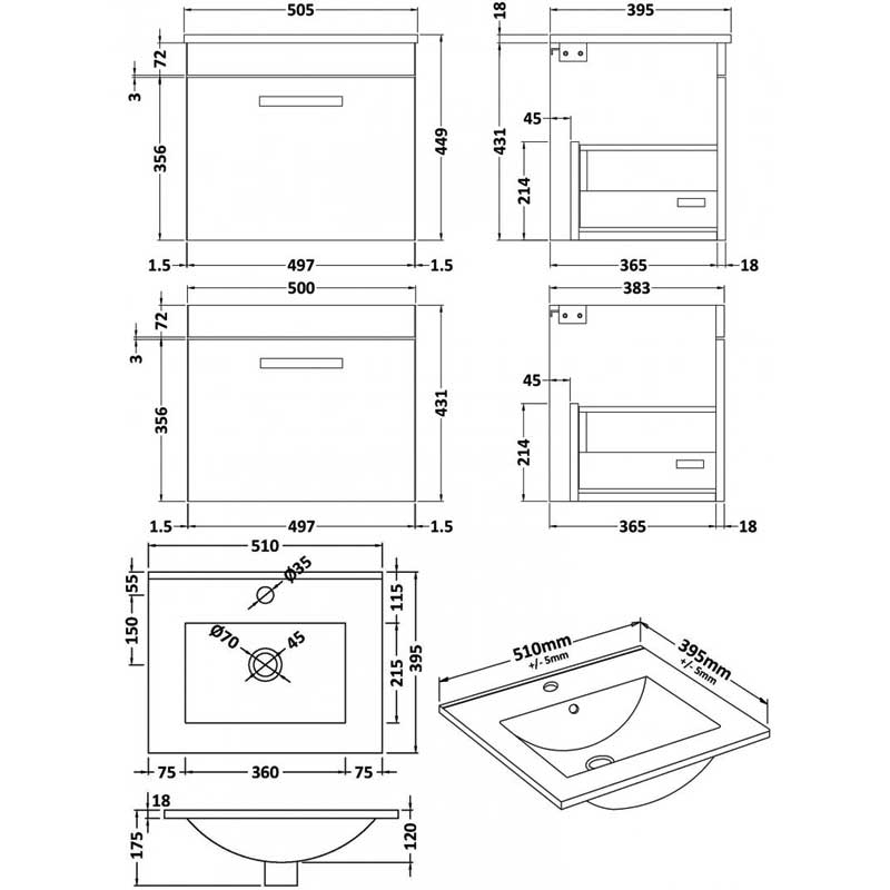 Nuie Athena Wall Hung 1-Drawer Vanity Unit with Basin-2 500mm Wide - Charcoal Black