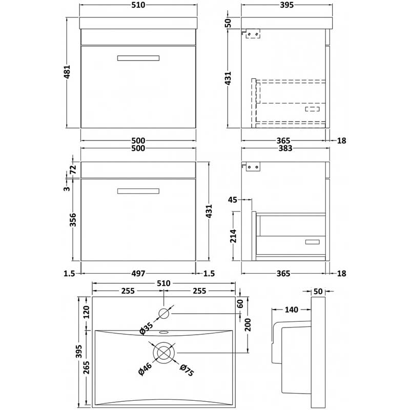 Nuie Athena Wall Hung 1-Drawer Vanity Unit with Basin-3 500mm Wide - Gloss Grey
