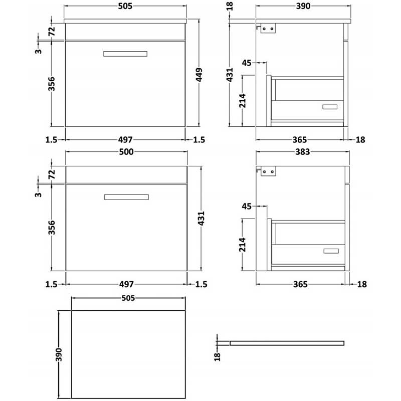 Nuie Athena Wall Hung 1-Drawer Vanity Unit and Worktop 500mm Wide - Gloss White
