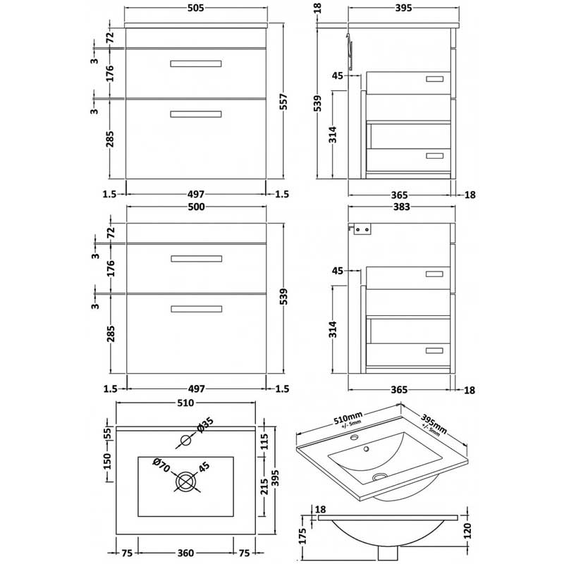 Nuie Athena Wall Hung 2-Drawer Vanity Unit with Basin-2 500mm Wide - Gloss White