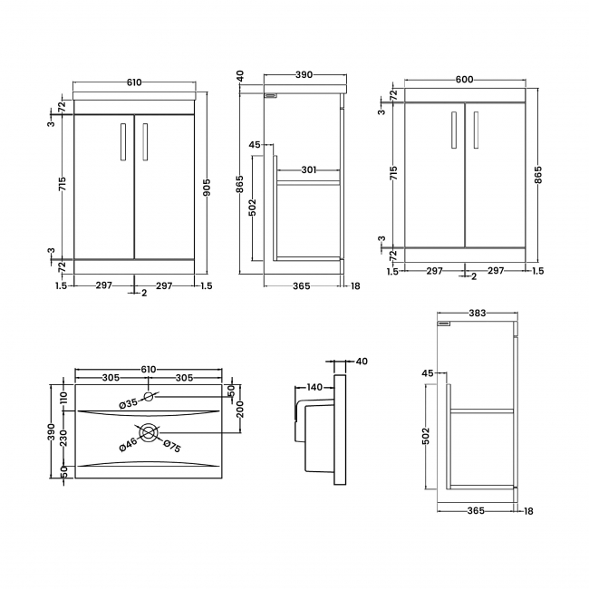 Nuie Athena Floor Standing 2-Door Vanity Unit with Basin-1 600mm Wide - Anthracite Woodgrain