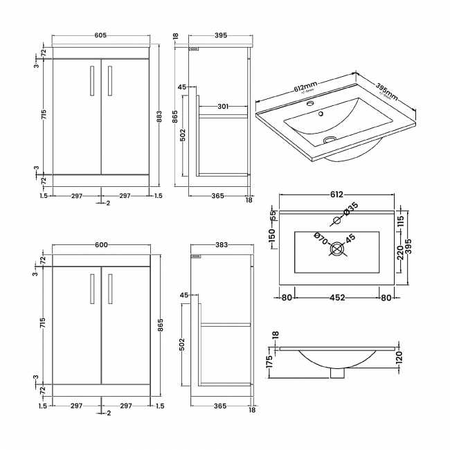 Nuie Athena Floor Standing 2-Door Vanity Unit with Basin-2 600mm Wide - Gloss White