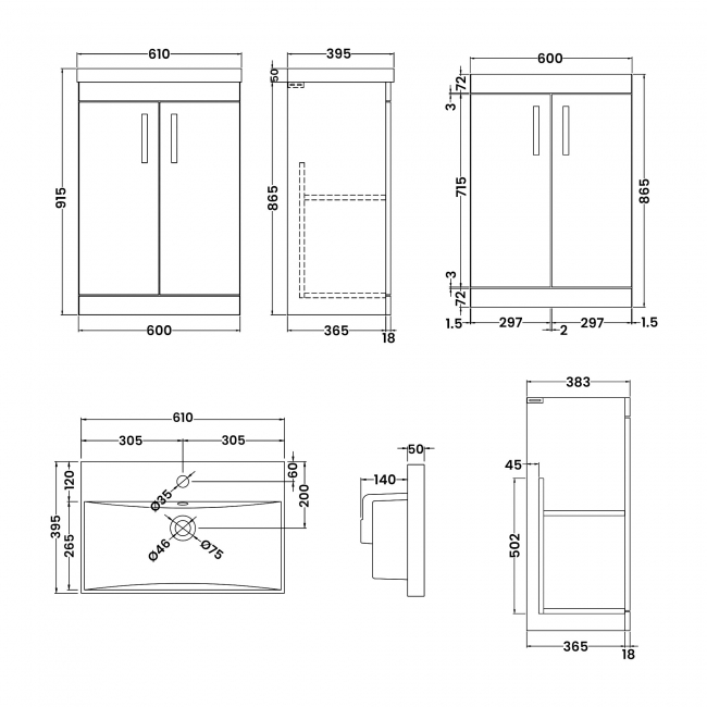 Nuie Athena Floor Standing 2-Door Vanity Unit with Basin-3 600mm Wide - Anthracite Woodgrain